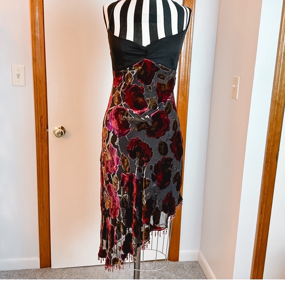 BETSEY JOHNSON Rare Vintage Velvet Rose Burnout Beaded Slip Dress 90s y2k L